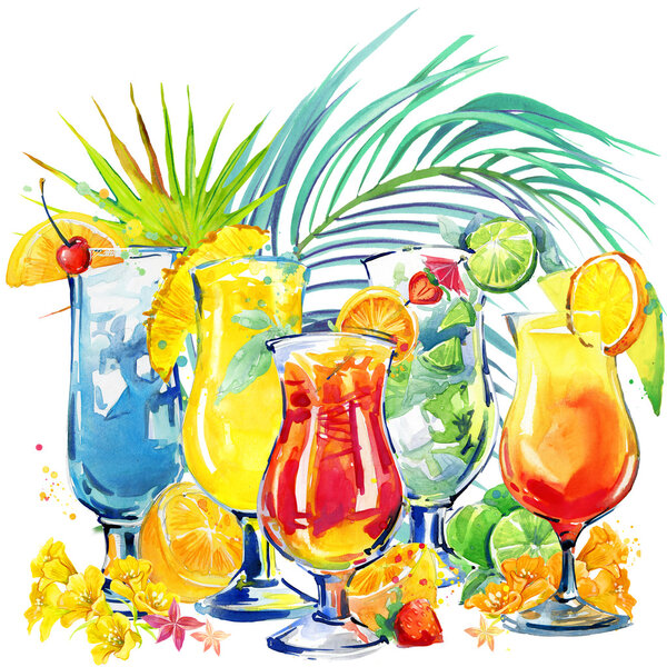 colorful cocktail. Hand drawn watercolor illustration of cocktail fruit and tropical leaves background