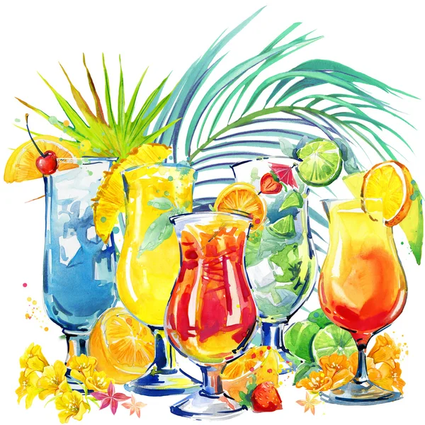 colorful cocktail. Hand drawn watercolor illustration of cocktail fruit and tropical leaves background