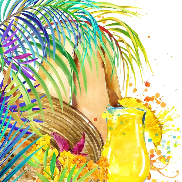 Beautiful young woman with fruit cocktail. tropical beach and tropical leaves with exotic flowers. watercolor illustration — Stok fotoğraf