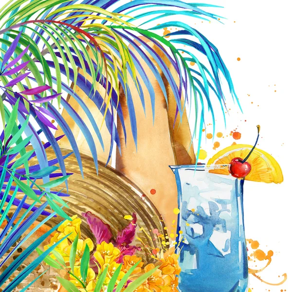 Beautiful young woman with fruit cocktail. tropical beach and tropical leaves with exotic flowers. watercolor illustration — Stockfoto