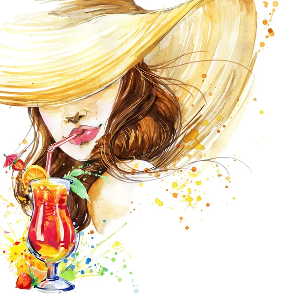 Beautiful young woman with fruit cocktail. Girl and beach cocktail party. cocktail party poster background. watercolor illustration — Stok fotoğraf