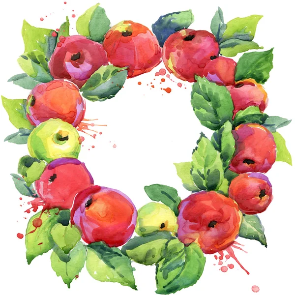 Roter Apfel und Blätterkranz. Aquarell Hintergrund — Stockfoto