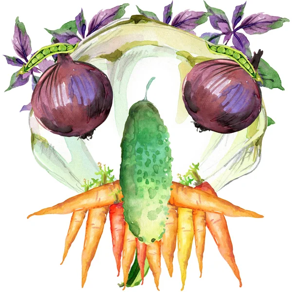 Label funny face vegetables. Assorted raw organic vegetables. watercolor illustration. watercolor vegetables and herbs background — Stockfoto