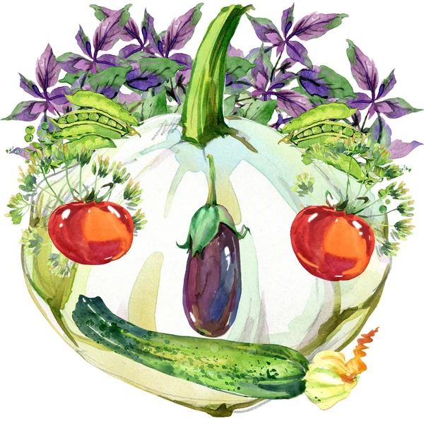 Rótulo engraçado rosto legumes. Vegetais orgânicos crus variados. ilustração aquarela. aquarela vegetais e ervas fundo — Fotografia de Stock