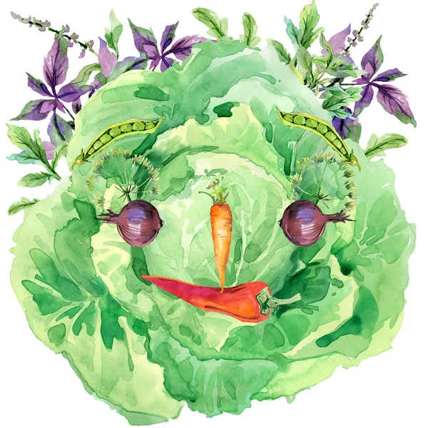 Label funny face vegetables. Assorted raw organic vegetables. watercolor illustration. watercolor vegetables and herbs background — Stockfoto