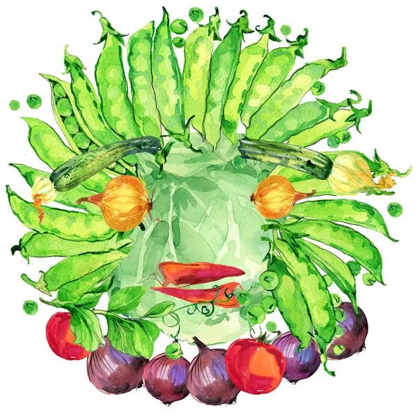 Label funny face vegetables. Assorted raw organic vegetables. watercolor illustration. watercolor vegetables and herbs background — Stockfoto