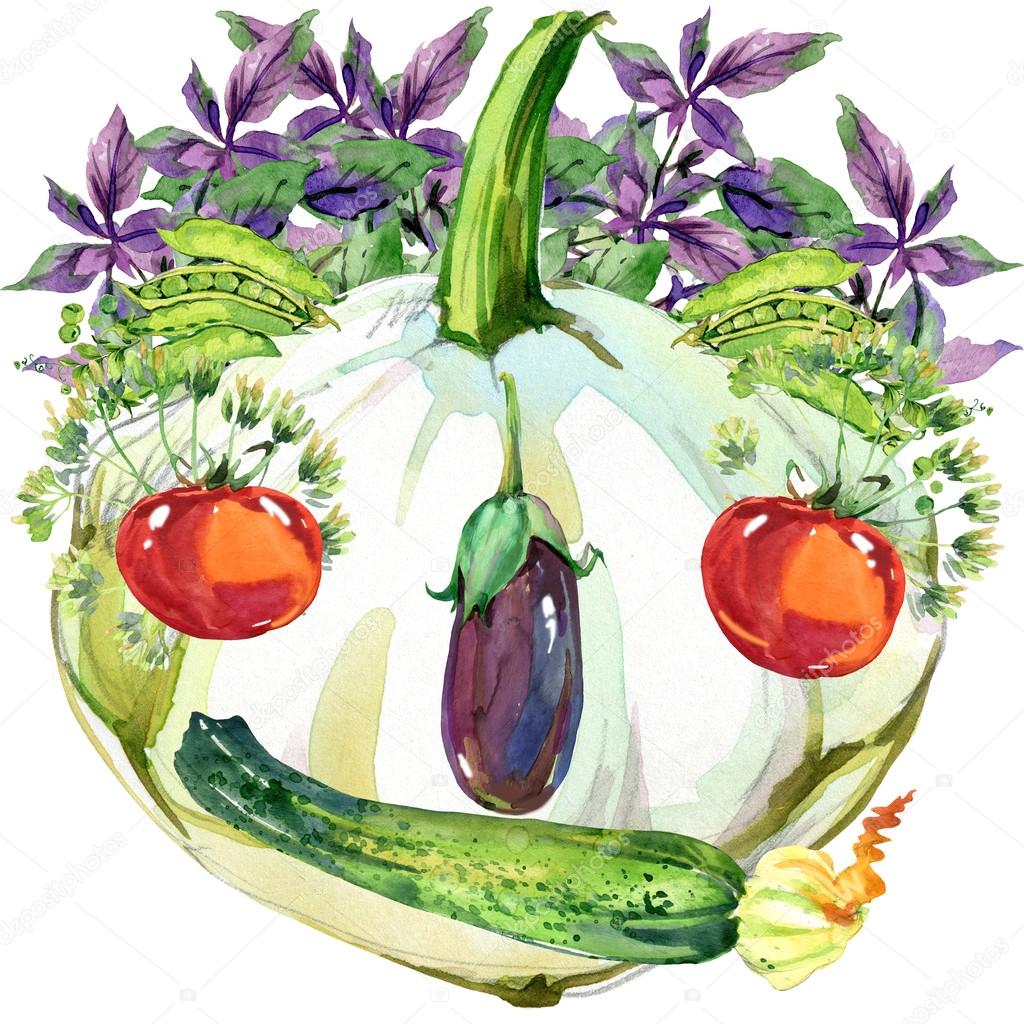 Label funny face vegetables. Assorted raw organic vegetables. watercolor illustration. watercolor vegetables and herbs background