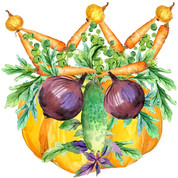 Label funny face vegetables. Assorted raw organic vegetables. watercolor illustration. watercolor vegetables and herbs background — 스톡 사진