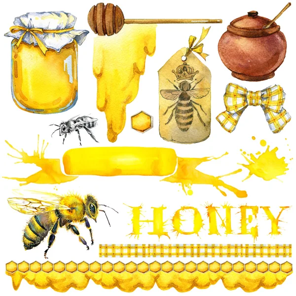 Honung, honeycomb, honey bee. Ange för designprodukter från honung. Akvarell illustration — Stockfoto