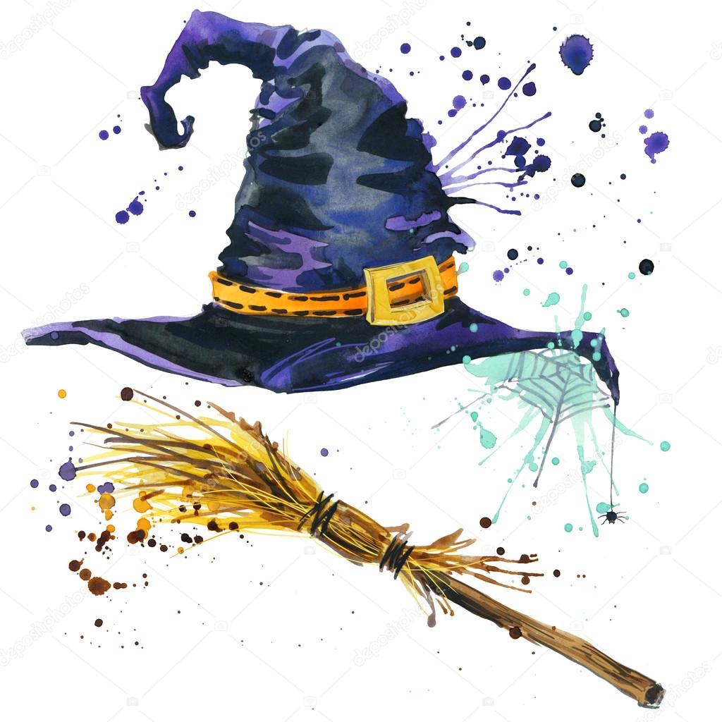 Halloween witch hat and broom witch. Watercolor illustration