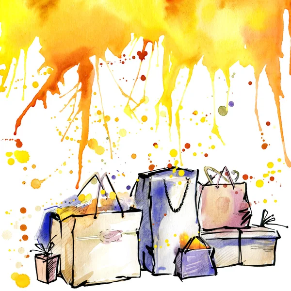 Imballaggio, borse, borsa, comprare, acquerello colore di sfondo autunno, acquerello gocciola, schizzi e gocce texture — Foto Stock