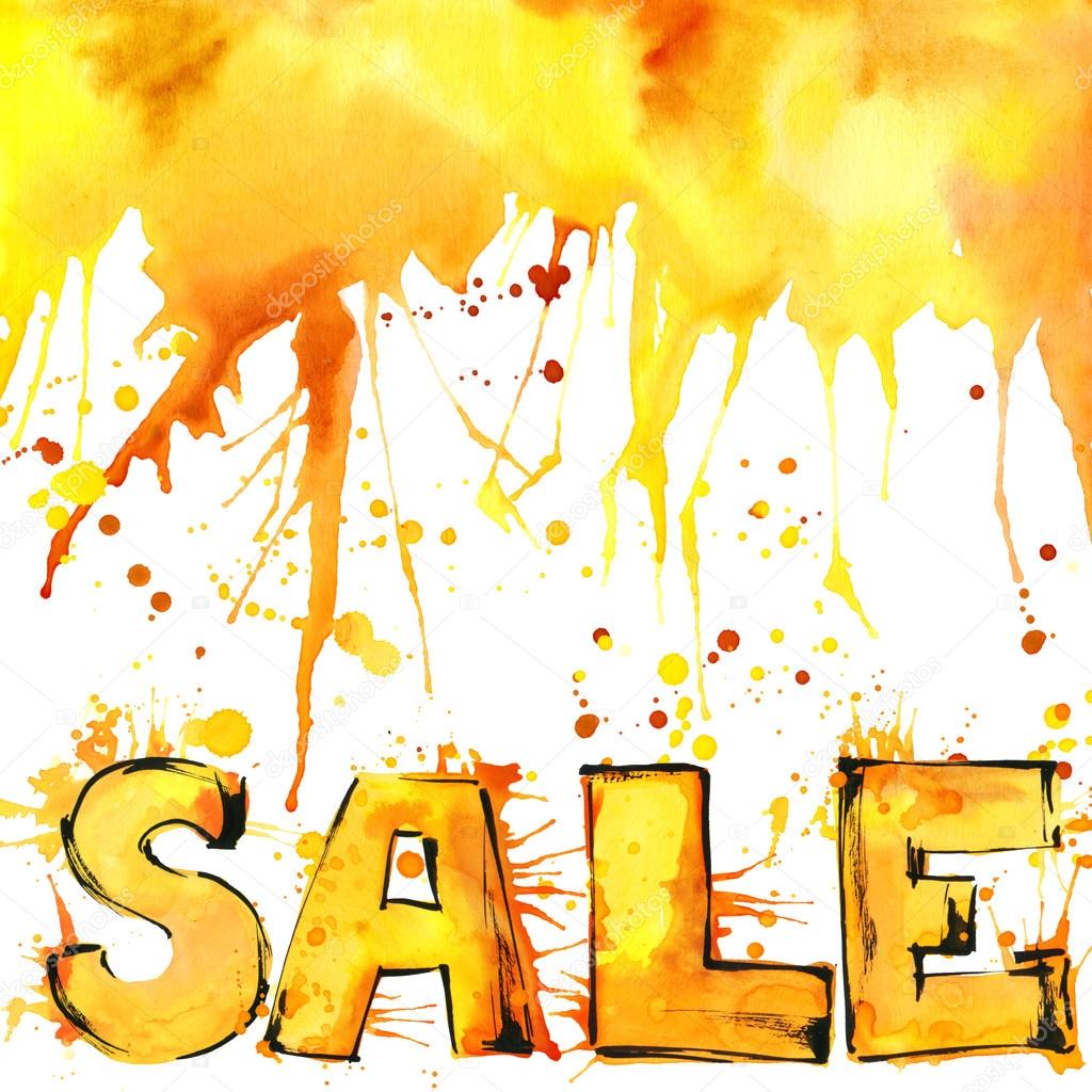 text sale watercolor background autumn color, watercolor drips, splashes a drop of texture