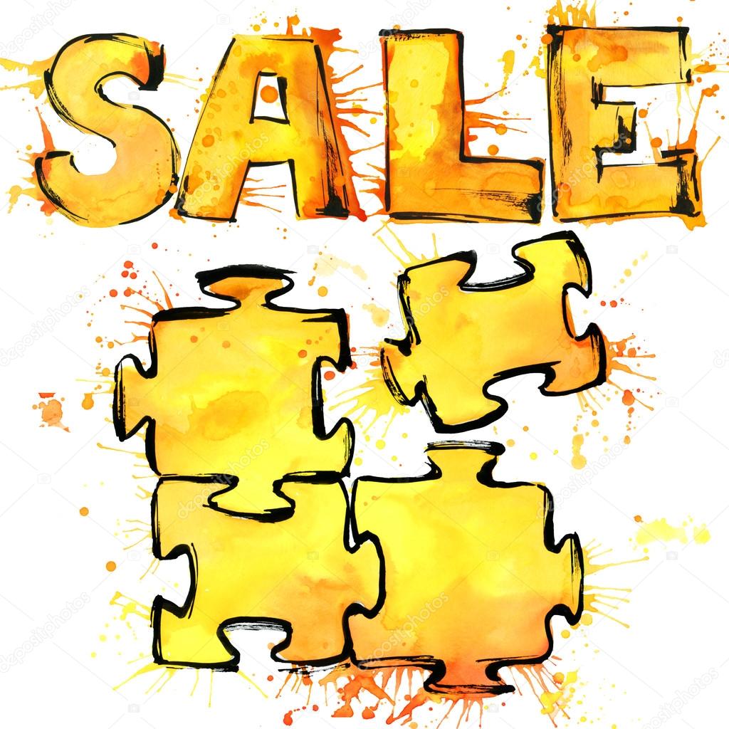 text sale symbol puzzle, and packaging, packets, bags, and shopping, watercolor background autumn color, watercolor drips, splashes and drops texture