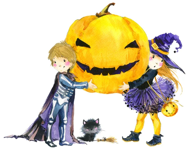 Halloween holiday little girl witch, skeleton boy, black cat,  and Halloween pumpkin. Watercolor illustration background for holiday Halloween.