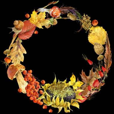 Sonbahar doğa arka plan renkli yaprakları, meyve, çilek, mantar, Sarı yapraklar, rose hips siyah arka plan üzerine. metniniz için yer ile suluboya resim.