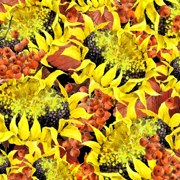Sunflower background with Autumn colorful red color leaves, watercolor illustration — Stock Photo, Image
