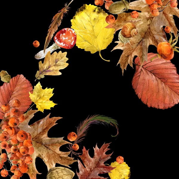 Automne nature fond feuilles colorées, fruits, baies, champignons, feuilles jaunes, cynorrhodons sur fond noir. illustration aquarelle avec place pour votre texte . — Photo