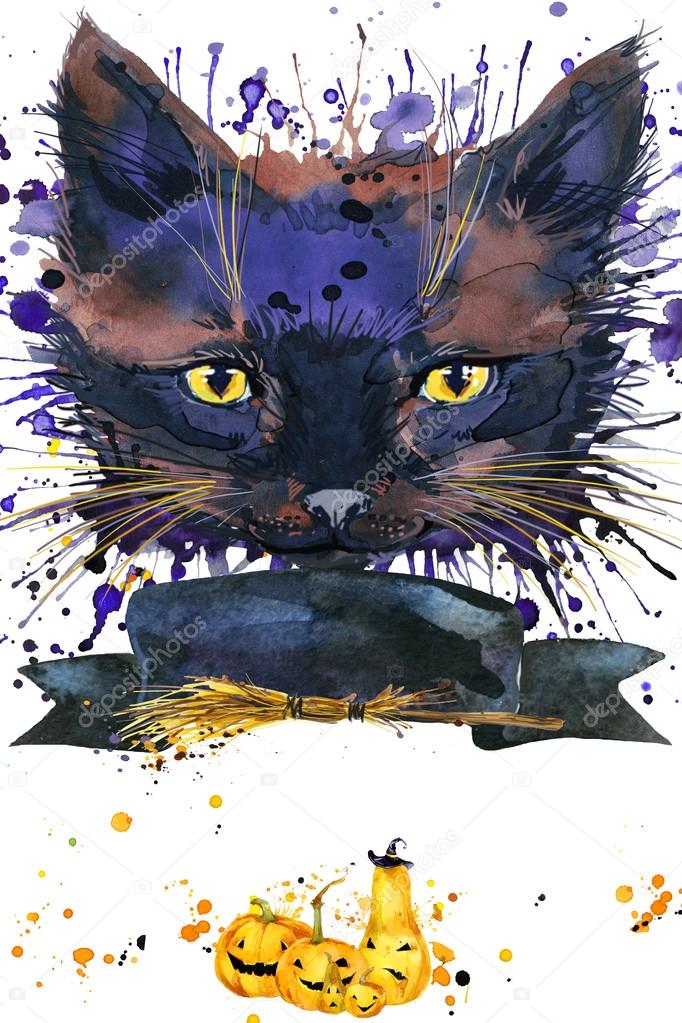 Download Halloween cat witch . Watercolor illustration background ...