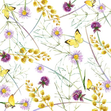 suluboya otlar ve çiçek kelebek arka plan ile. suluboya resim