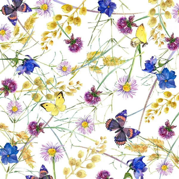 Akvarelli Yrttejä ja kukkia perhonen tausta. vesivärikuvitus — kuvapankkivalokuva