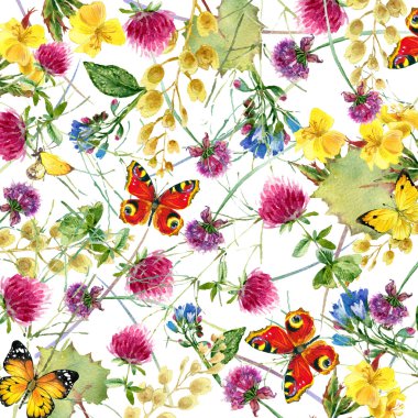 Otlar ve çiçek kelebek arka plan ile. suluboya resim