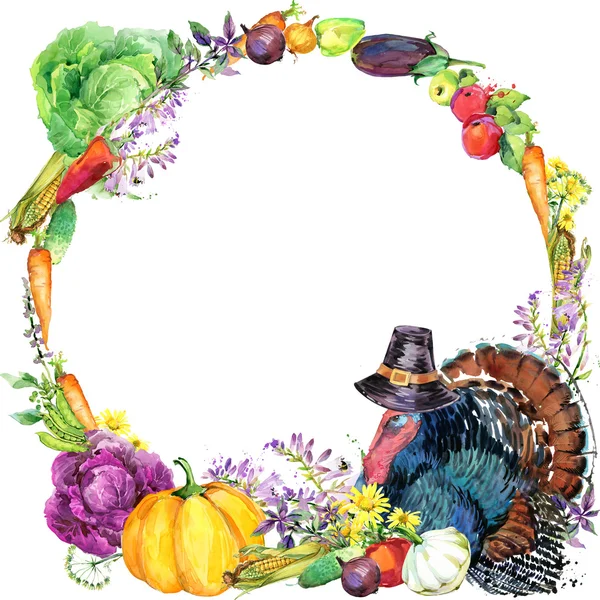 Feliz Día de Acción de Gracias fondo con pavo, sombrero para Acción de Gracias, verduras, frutas y flores. acuarela ilustración — Foto de Stock