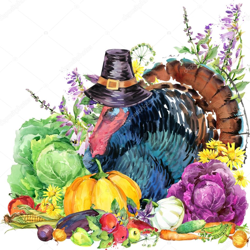 Happy Thanksgiving Day background with turkey,  hat for Thanksgiving, vegetables, fruits and flowers. watercolor illustration
