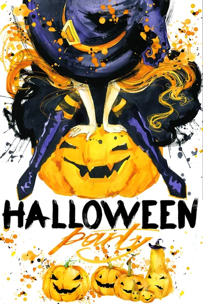 Halloween poster for the holiday with the symbols of the holiday. watercolor illustration  Girl witches and Halloween party text