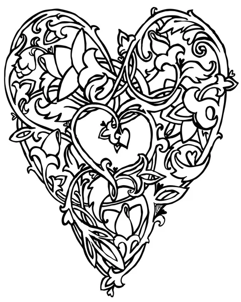 Dekorativt hjärta och blomma ornament. Grafisk illustration kärlek hjärta. handgjorda blommiga illustration. konst illustration för mode print, affisch för textil, modedesign, tatuering design, — Stockfoto