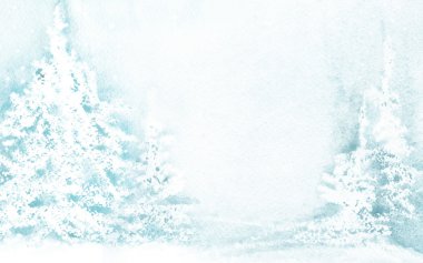 Kış manzara suluboya arka plan. Kış Noel ağacı. Ağaçlar ve kar kış manzara mavi. kış manzara arka plan için Noel ağacı ile suluboya çizimi