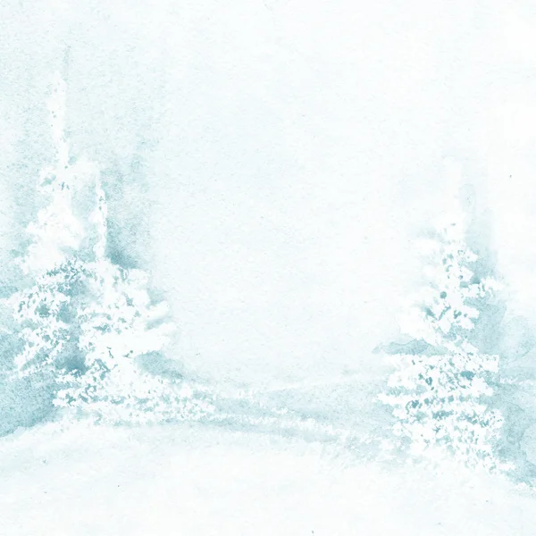 Winter landschap aquarel achtergrond. Winter kerstboom. Winter blauwe landschap met bomen en sneeuw. Aquarel illustratie van winterlandschap met kerstboom voor achtergrond — Stockfoto