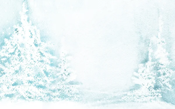 Inverno paisagem aquarela fundo. Árvore de Natal. Paisagem azul de inverno com árvores e neve. ilustração aquarela de paisagem de inverno com árvore de Natal para fundo — Fotografia de Stock