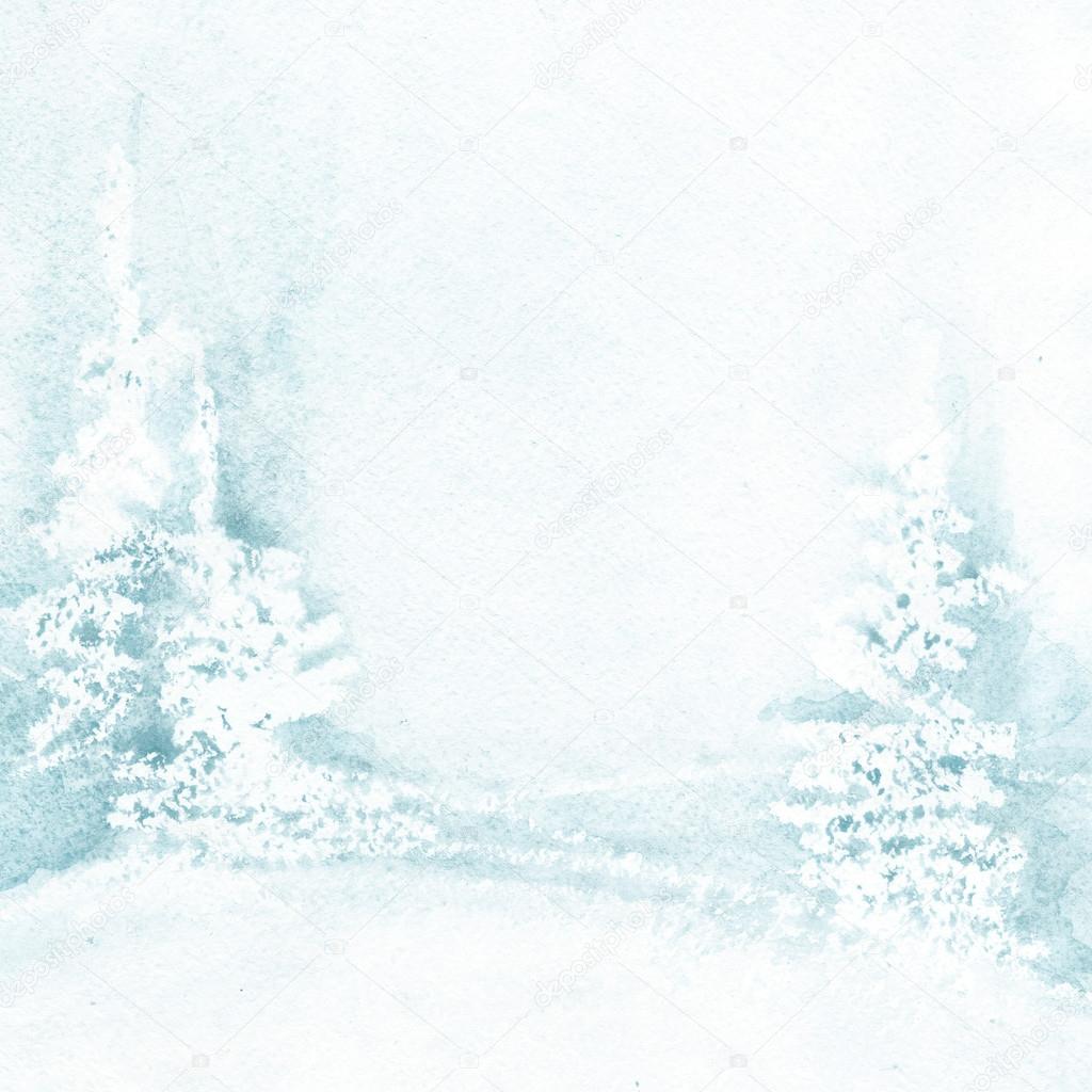 冬の風景水彩背景。冬のクリスマス ツリー。木と雪で冬の青の風景。背景