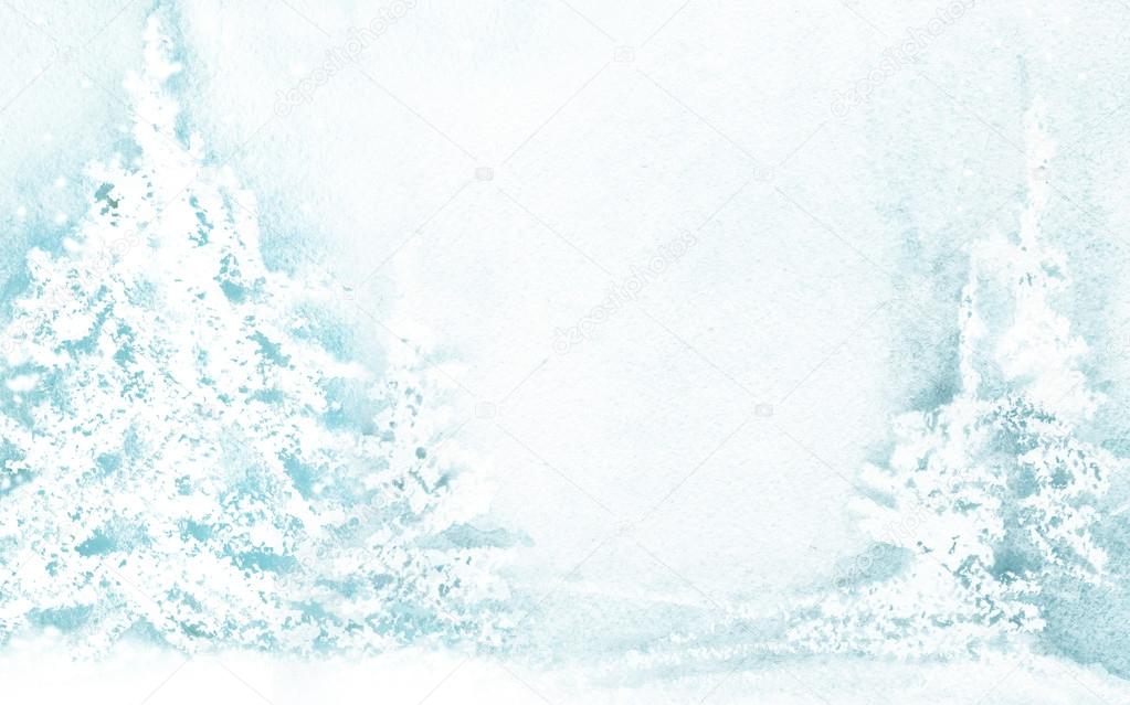 Winter landscape watercolor background. Winter Christmas tree. Winter blue landscape with trees and snow. watercolor illustration of winter landscape with Christmas tree for background