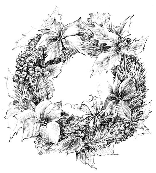 Christmas wreath, Christmas tree, Christmas flower, mistletoe decoration sketch for  New Year background — Stock Photo, Image