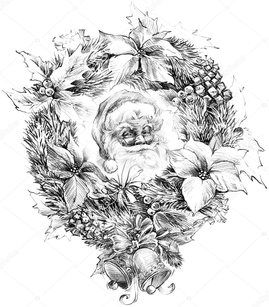 Santa Claus portrait sketch. Sketch of Santa Claus background Christmas  bell, Christmas wreath, Christmas tree, Christmas flower, mistletoe  decoration sketch for New Year background Stock Photo by ©dobrynina_art  89281696