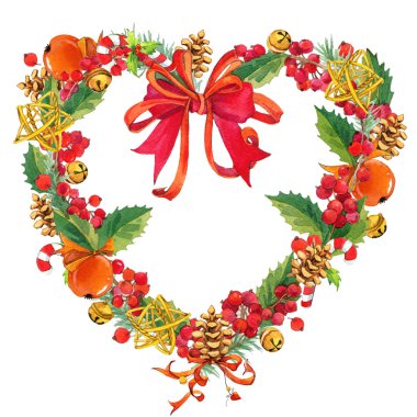 Sulu Boya Noel çerçeve beyaz arka plan üzerinde izole. suluboya Kış Noel çelenk ökse otu, çilek ve Noel ağacı. suluboya resim
