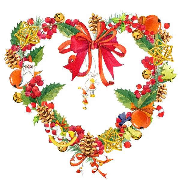 Aquarell-Weihnachtskranz auf weißem Hintergrund. Weihnachtsrahmen mit Misteln, Beeren und Christbaum, Süßigkeiten, Weihnachtsstern, Weihnachtsglocke und rotem Apfel. Aquarellillustration — Stockfoto