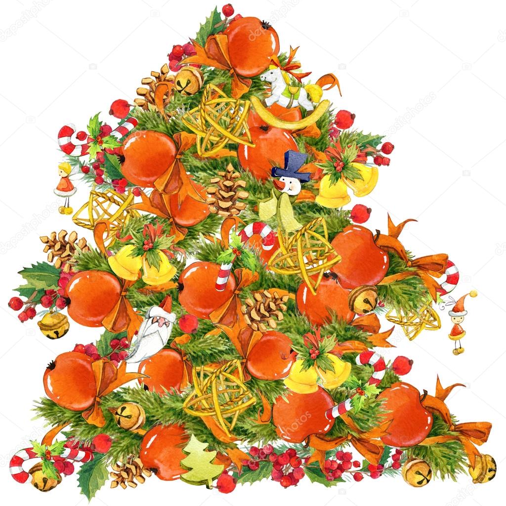 Aquarelle Arbre De Noël Avec Gui Gui De Berry Et Arbre De