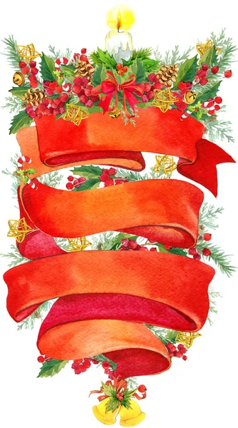 Borda de Natal aquarela no fundo branco com fita para texto. Fundo de Natal. Fita para saudações de texto. ilustração aquarela — Fotografia de Stock