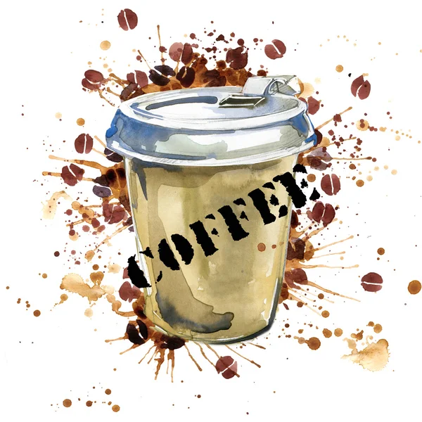 Kaffee-Aquarell. Kaffeetasse und Kaffeekörner isoliert auf weißem Hintergrund. Aquarell-Illustration Kaffeebohne — Stockfoto