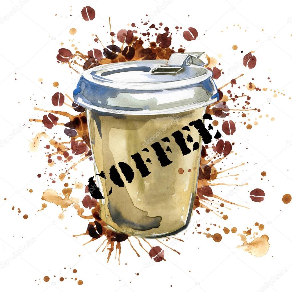 Coffee watercolor. Coffee cup and coffee grains isolated on white background. Watercolor illustration Coffee bean