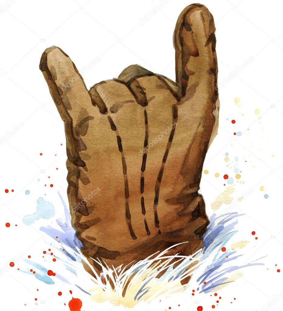 Watercolor Santa Claus. Santa Claus hand. Rock hand gesture.