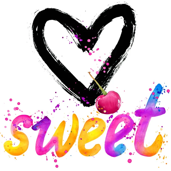 Sweet. T-shirt lettering graphics design. Text sweet. T-shirt graphics design. watercolor illustration inscription Sweet. watercolor latter background. rainbow watercolor background — 스톡 사진