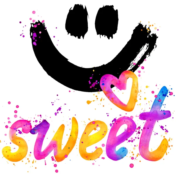 Sweet. Text sweet. T-shirt lettering graphics, design. watercolor illustration inscription Sweet. watercolor latter background. rainbow watercolor background — 图库照片