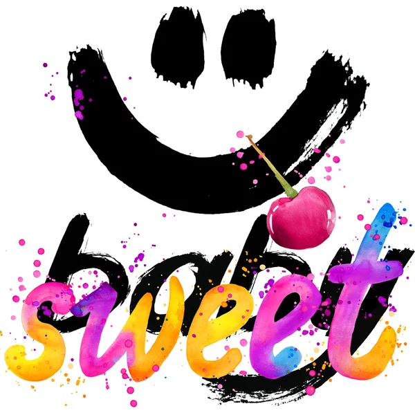 Smile symbol Sweet. Text sweet. T-shirt lettering graphics, design. watercolor illustration inscription Sweet. watercolor letter background. rainbow watercolor background — 스톡 사진