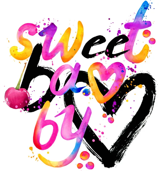 Sweet baby. T-shirt lettering graphics design. Text sweet. T-shirt graphics design. watercolor illustration inscription Sweet. watercolor latter background. rainbow watercolor background — Stock fotografie