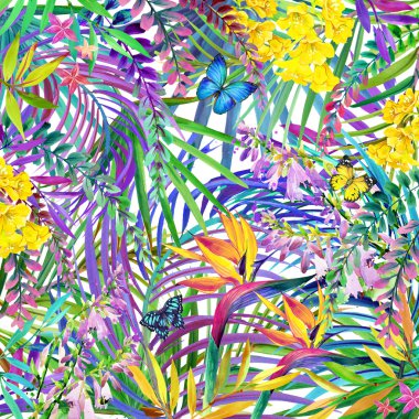 Watercolor tropical nature background. Tropical leaves, flowers and butterfly. watercolor summer floral background