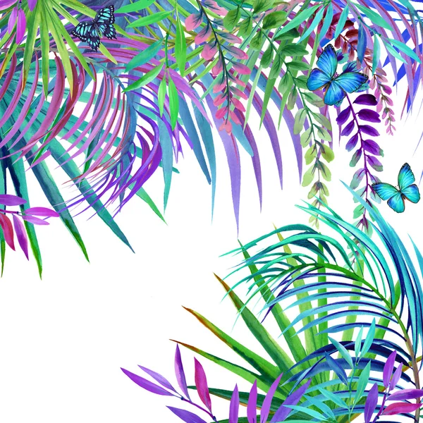 Watercolor tropical nature background. Tropical leaves, flowers and butterfly. watercolor summer floral background — Stock Photo, Image