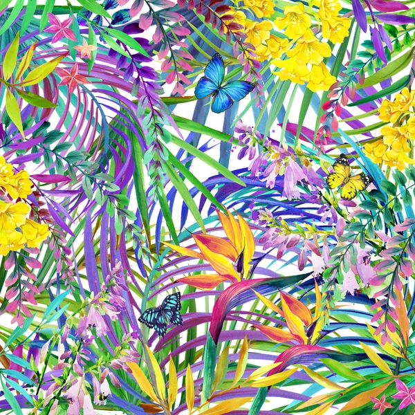 Acuarela naturaleza tropical de fondo. Hojas tropicales, flores y mariposas. acuarela verano floral fondo —  Fotos de Stock